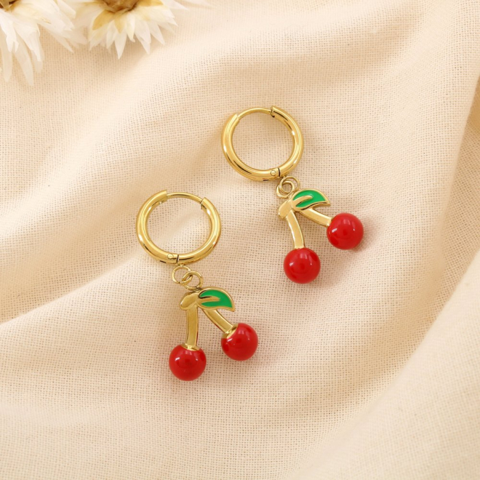 Boucles d’oreilles cerises acier inoxydable émail 0325192 rouge