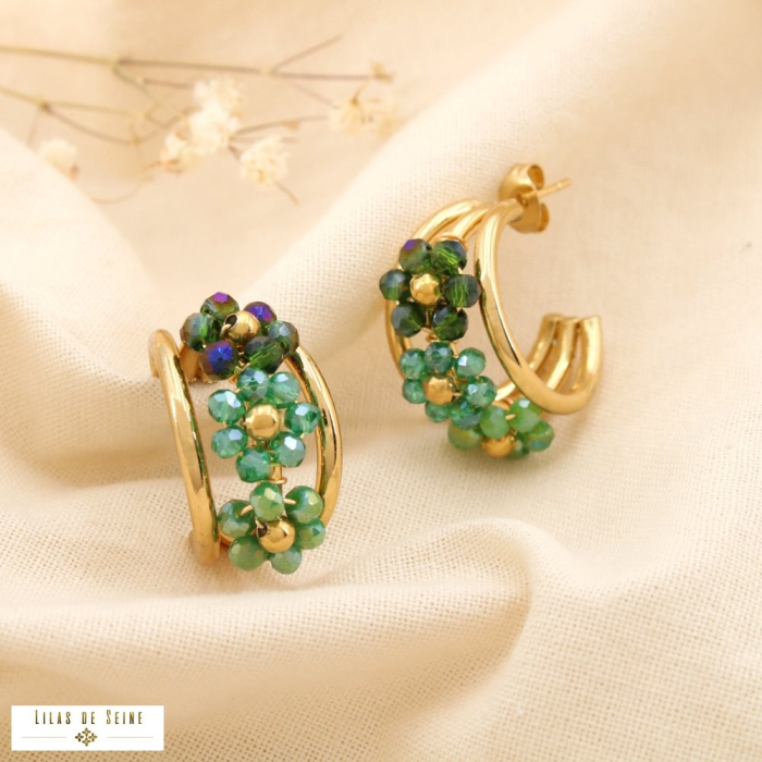 Boucles d'oreilles acier fleur cristal/ perle 0325088 vert