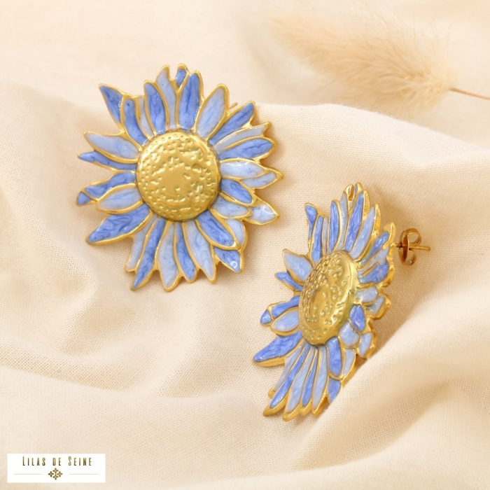 Boucles d'oreilles acier méga fleur émail marbré 0325196 bleu