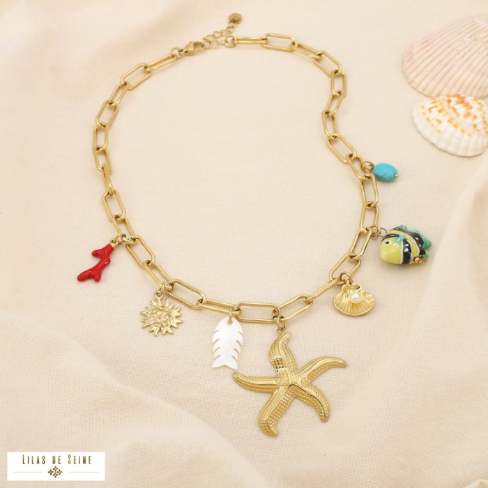 Collier acier marin breloque coquillage poisson 0125166 doré