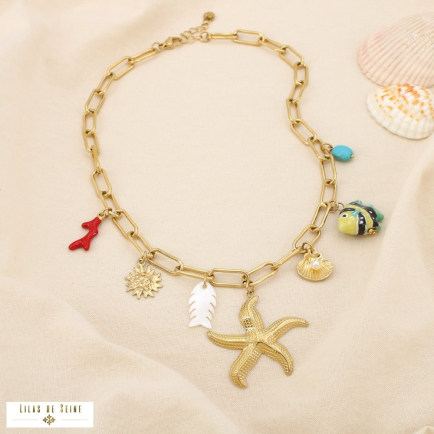 Collier acier marin breloque coquillage poisson 0125166 doré