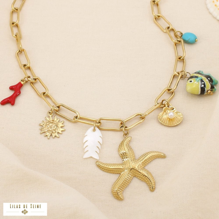 Collier acier marin breloque coquillage poisson 0125166 doré