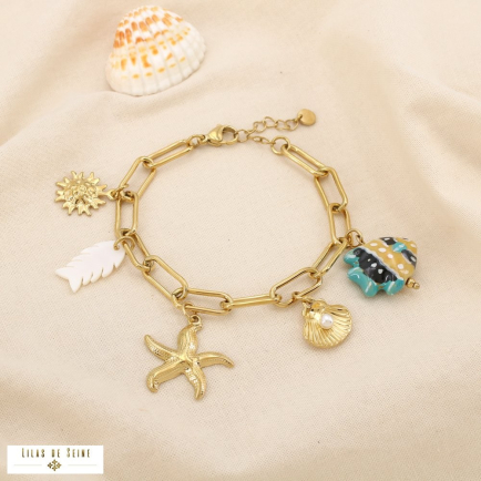 Bracelet acier marin charm coquillage poisson soleil 0225220 doré