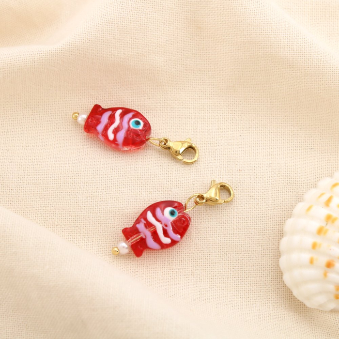 2 Charms breloque poisson acier inoxydable verre 0625115 rouge bordeaux