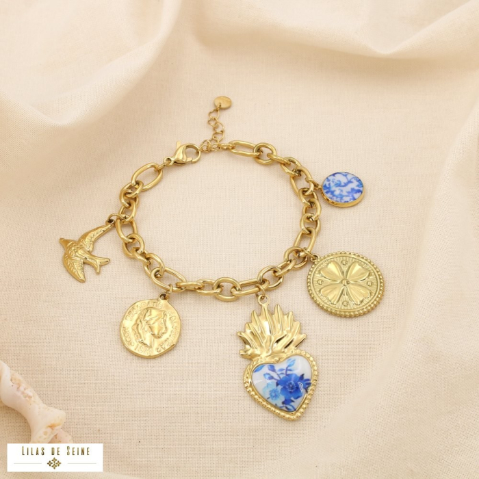 Bracelet acier inoxydable résine effet porcelaine 0225226 doré