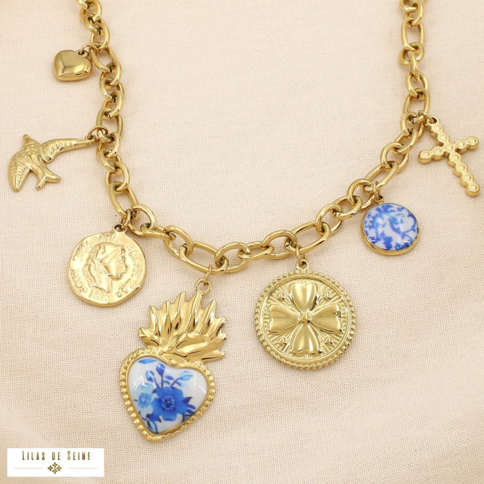 Collier charms baroque acier résine effet porcelaine 0125167 doré