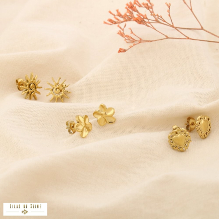 Set 3 boucles d'oreilles acier fleur cœur soleil 0325129 doré