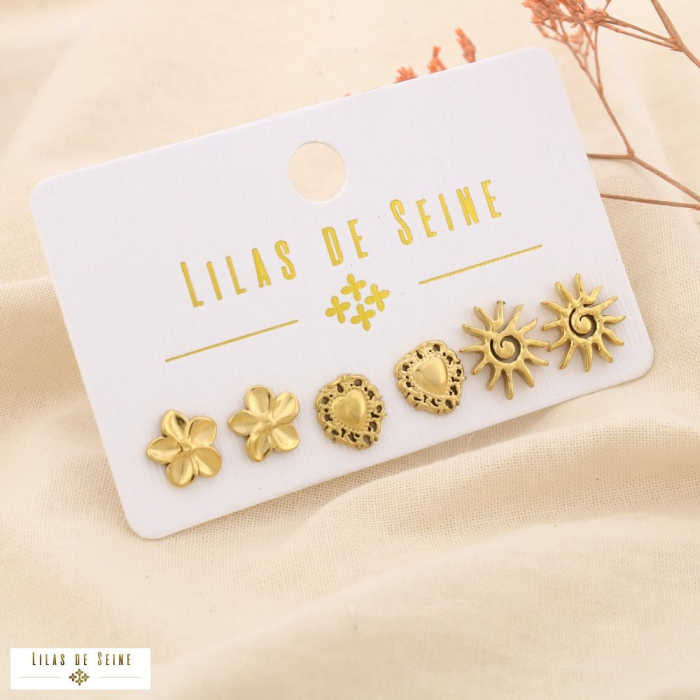 Set 3 boucles d'oreilles acier fleur cœur soleil 0325129 doré