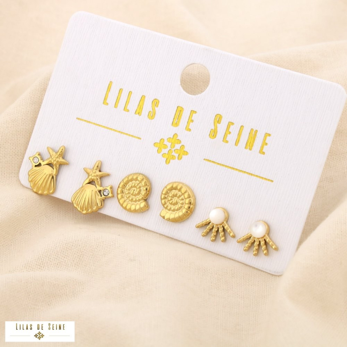 Ensemble 3 boucles d'oreilles acier coquillage 0325131 doré