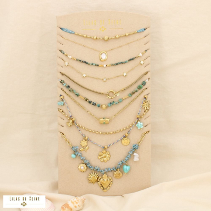 Ensemble 10 colliers acier pampilles nacre floral 0125181 bleu turquoise