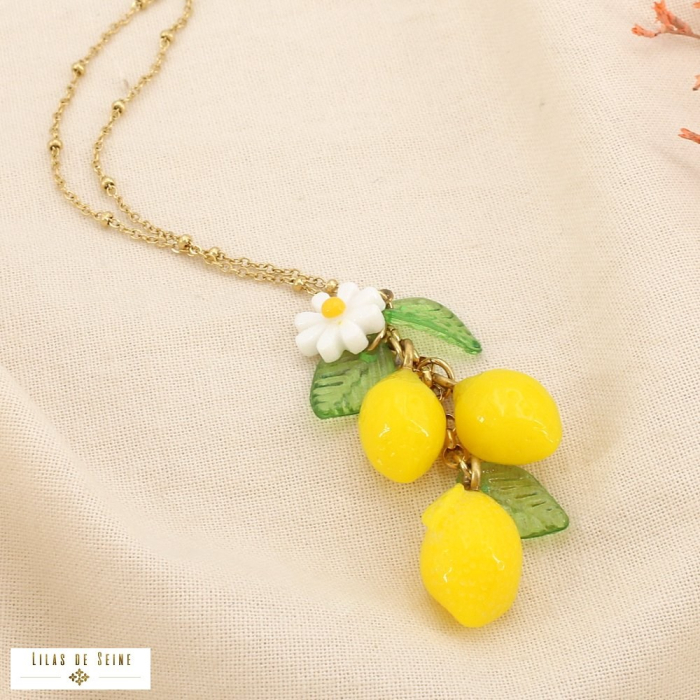 Collier acier pendentif citron marguerite feuille 0125187 jaune