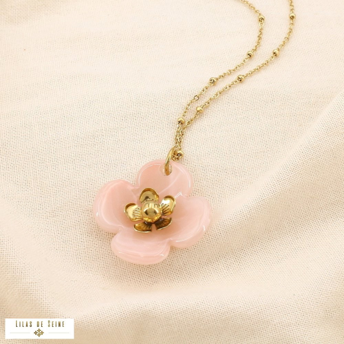 Collier acier inoxydable fleur résine marbrée 0125188 rose