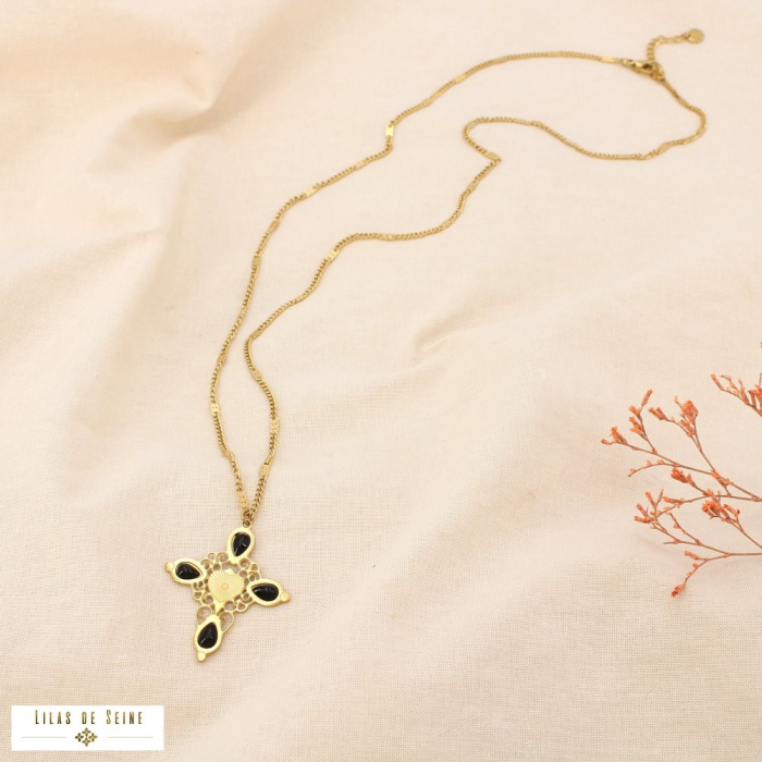 Collier sautoir croix baroque acier acrylique 0125184 noir