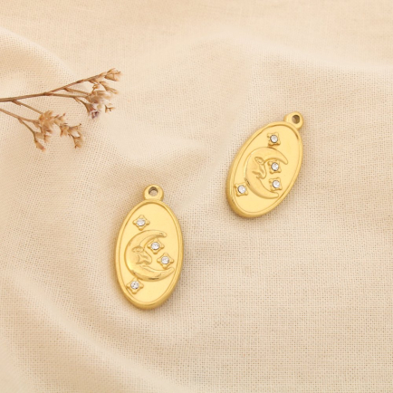 2 Pendentifs acier strass charm ovale étoile lune 0625127 doré