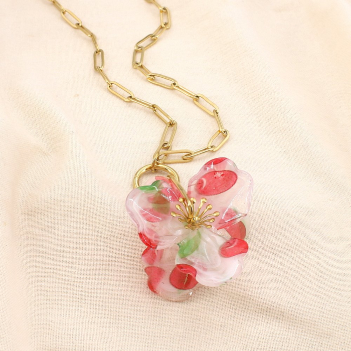 Collier fleur acier inoxydable résine motifs fruits 0125192 naturel/beige