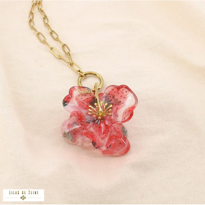 Collier fleur acier inoxydable résine motifs fruits 0125192 rouge