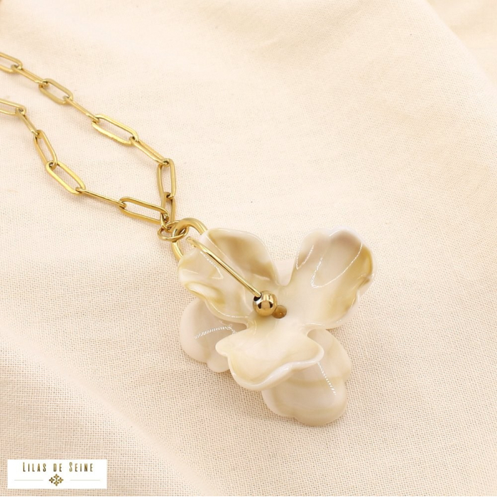Collier fleur acier inoxydable résine marbrée 0125193 naturel/beige