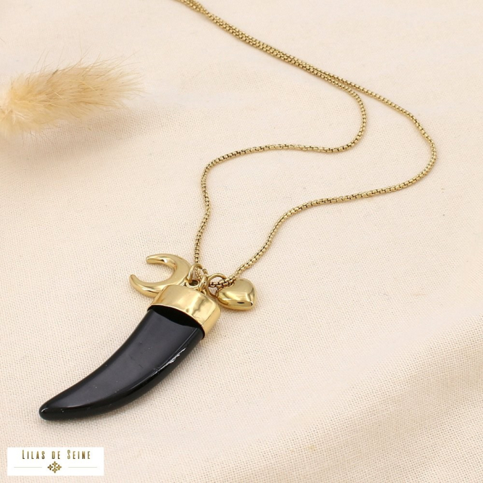 Collier acier inoxydable résine corne lune coeur 0125190 noir