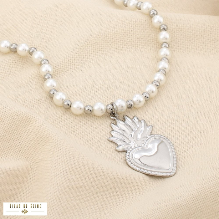 Collier acier inoxydable cœur sacré perle acrylique 0125189 argenté