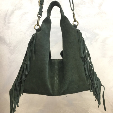 Sac porté épaule cuir véritable façon daim franges 0925509 vert kaki