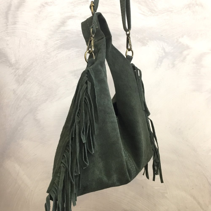 Sac porté épaule cuir véritable façon daim franges 0925509 vert kaki
