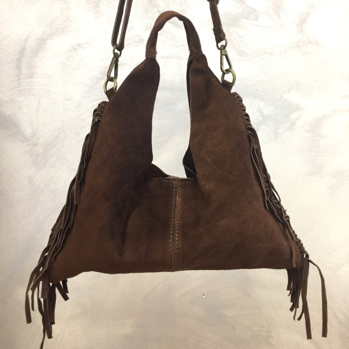 Sac porté épaule cuir véritable façon daim franges 0925509 marron foncé