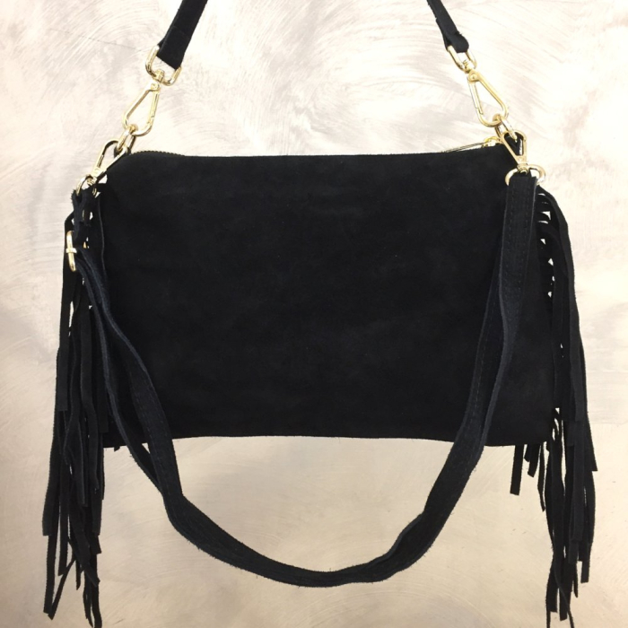 Sac porté épaule cuir véritable façon daim franges 0925510 noir