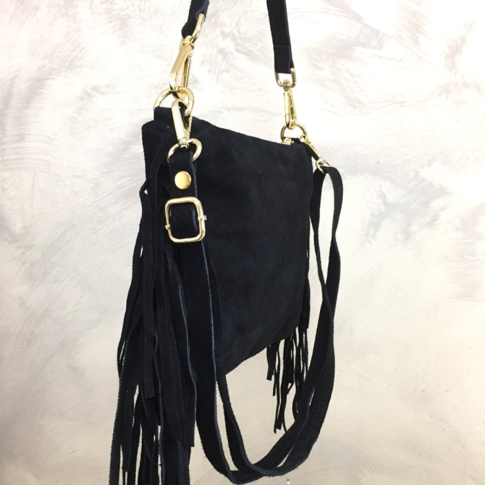 Sac porté épaule cuir véritable façon daim franges 0925510 noir