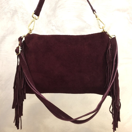 Sac porté épaule cuir véritable façon daim franges 0925510 rouge bordeaux