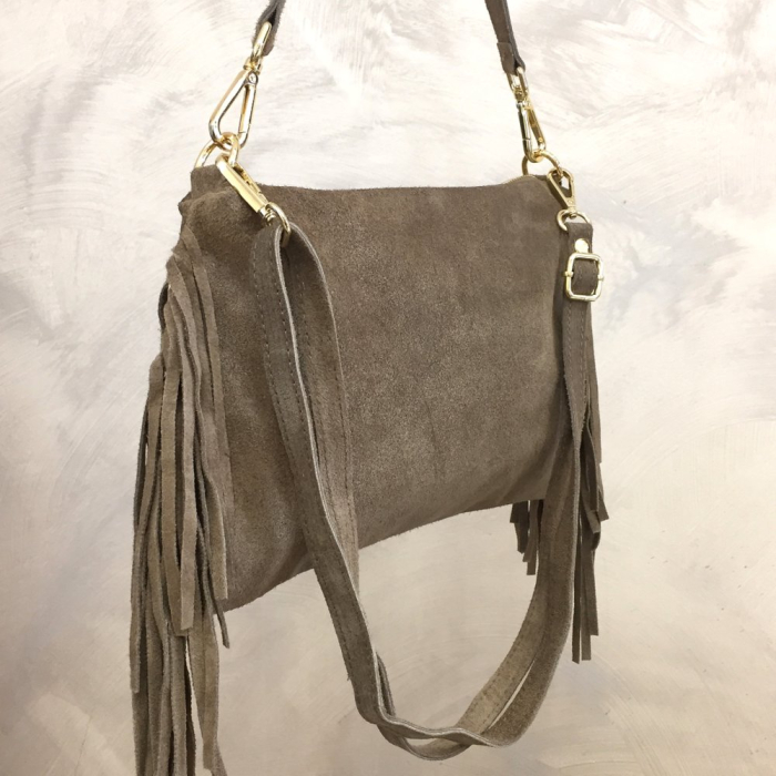 Sac porté épaule cuir véritable façon daim franges 0925510 taupe
