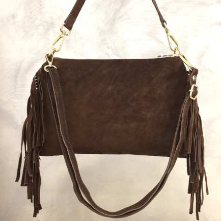 Sac porté épaule cuir véritable façon daim franges 0925510 marron foncé