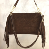 Sac porté épaule cuir véritable façon daim franges 0925510 marron foncé