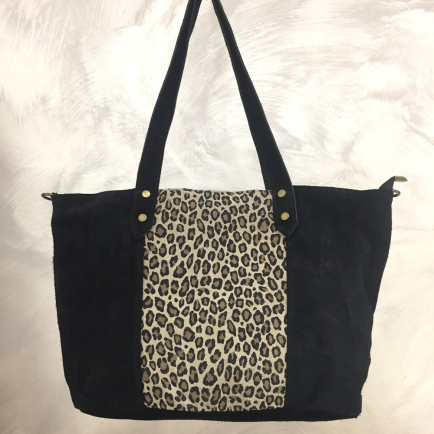 Cabas en cuir véritable façon daim avec façade léopard 0925511 noir