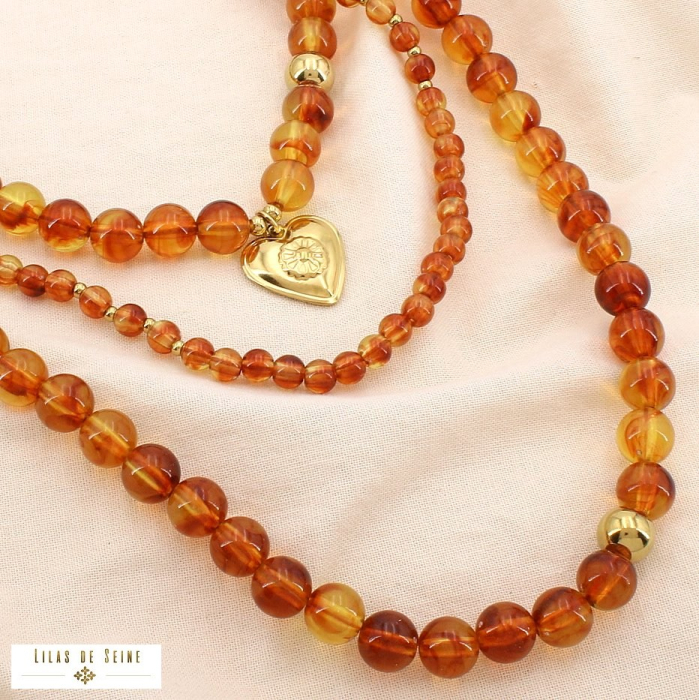 Collier 3 rangs cœur acier acrylique effet pierre 0125528 marron
