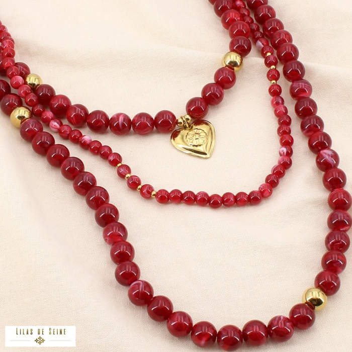 Collier 3 rangs cœur acier acrylique effet pierre 0125528 rouge bordeaux