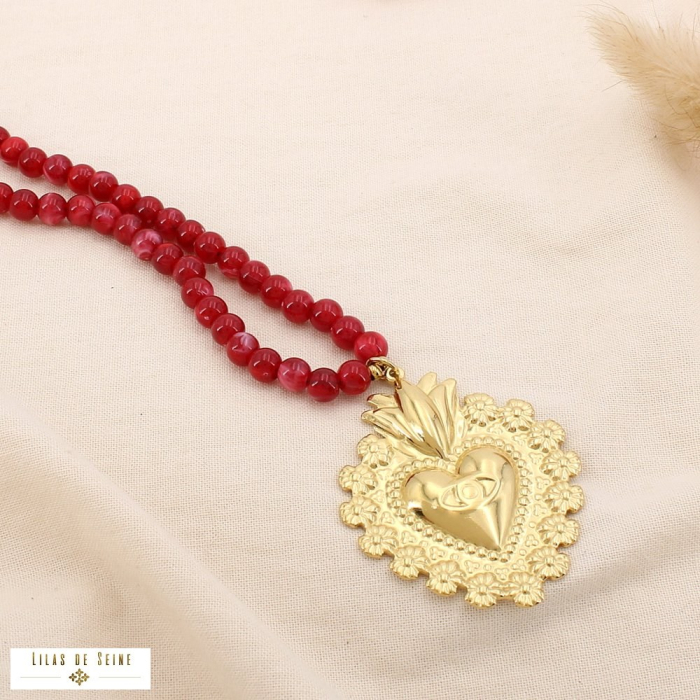 Collier long cœur œil acier acrylique effet pierre 0125529 rouge bordeaux