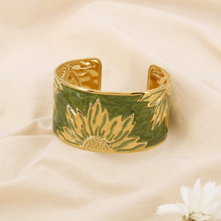 Bracelet manchette floral acier inoxydable émail 0225527 vert kaki