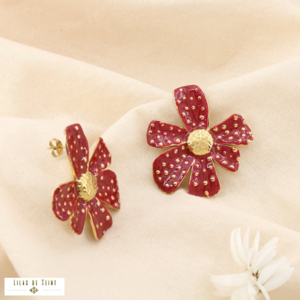 Boucles d’oreilles fleur acier inoxydable émail 0325509 rouge bordeaux