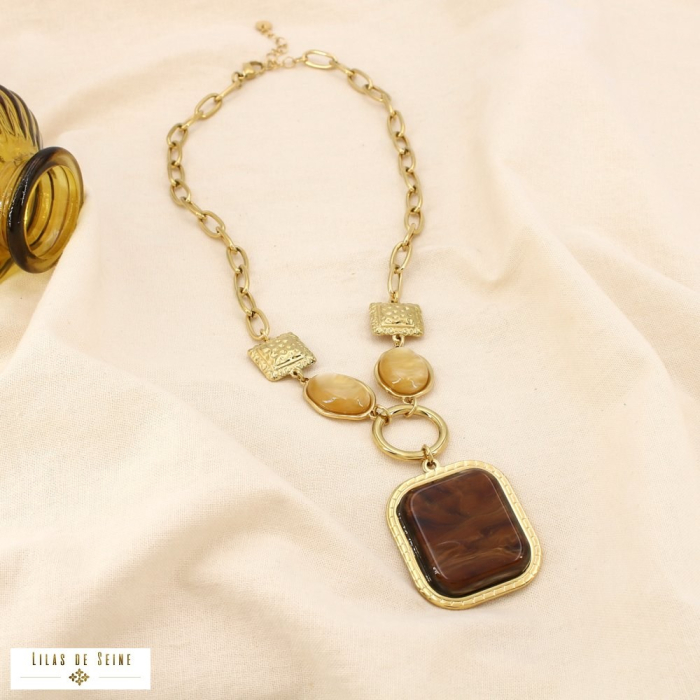 Collier acier inoxydable grosse maille résine marbré 0125527 marron