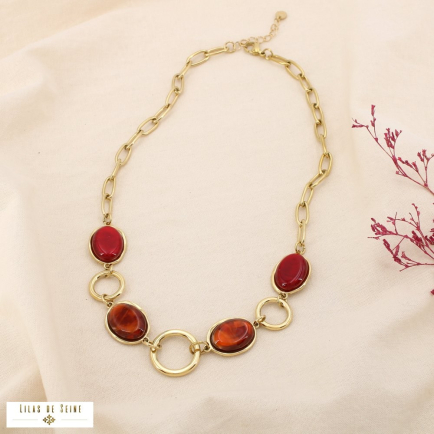 Collier acier inoxydable ovale résine marbré 0125526 rouge bordeaux
