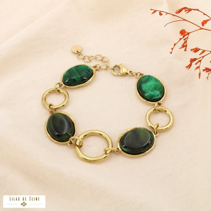 Bracelet acier inoxydable ovale résine marbré 0225512 vert
