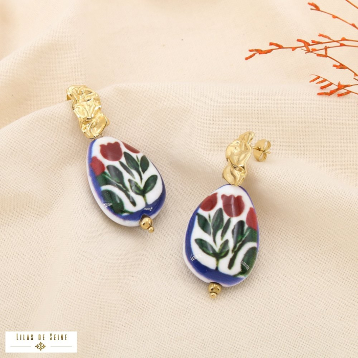 Boucles d’oreilles acier résine effet porcelaine 0325513 bleu foncé
