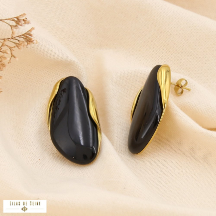 Boucles d’oreilles acier résine marbré contemporain 0325531 noir