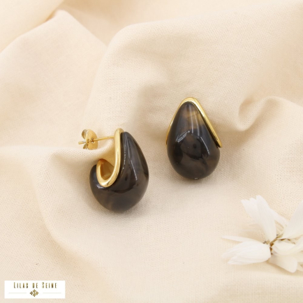 Boucles d’oreilles acier résine marbré goutte 0325535 noir