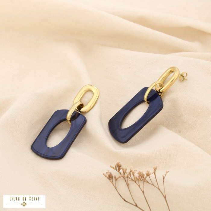 Boucles d’oreilles rectangulaire acier acrylique 0325505 bleu foncé
