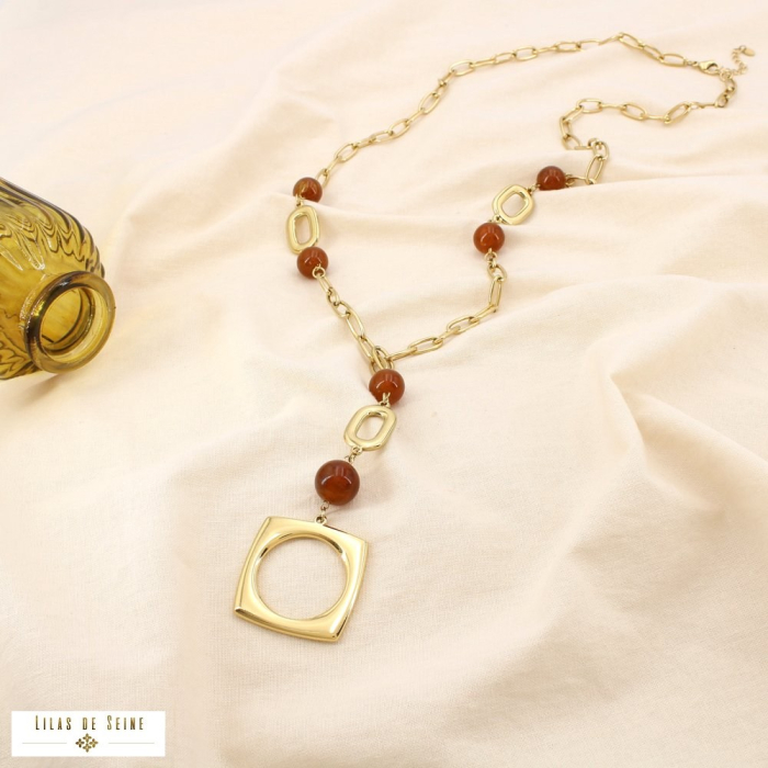 Collier sautoir acier maillon perle acrylique 0125510 marron