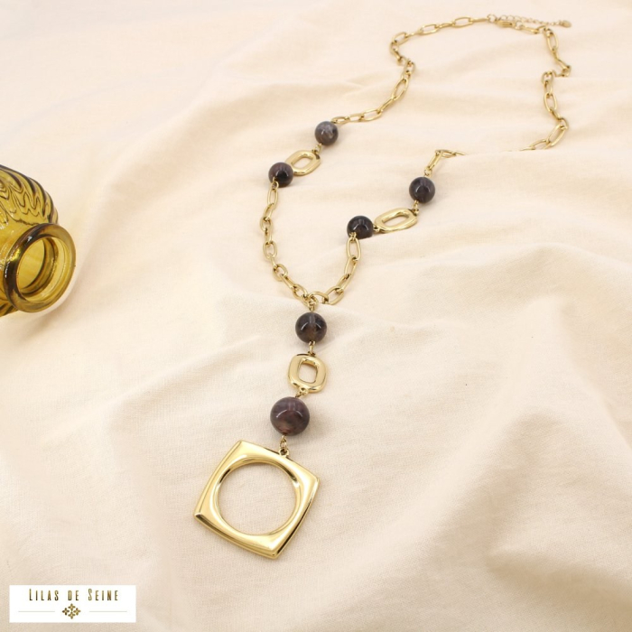 Collier sautoir acier maillon perle acrylique 0125510 gris foncé