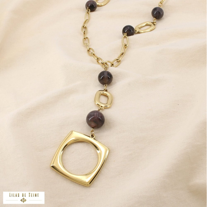 Collier sautoir acier maillon perle acrylique 0125510 gris foncé