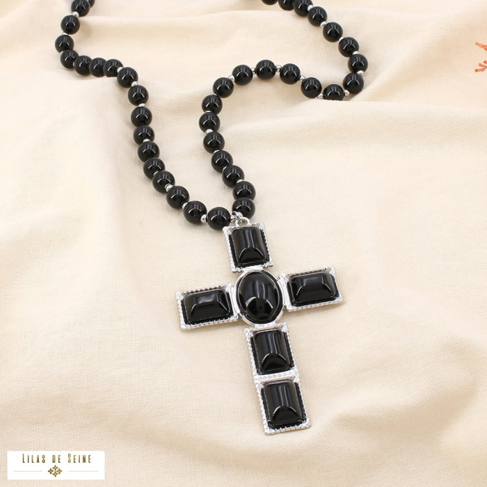 Collier sautoir croix acier perle acrylique 0125511 noir