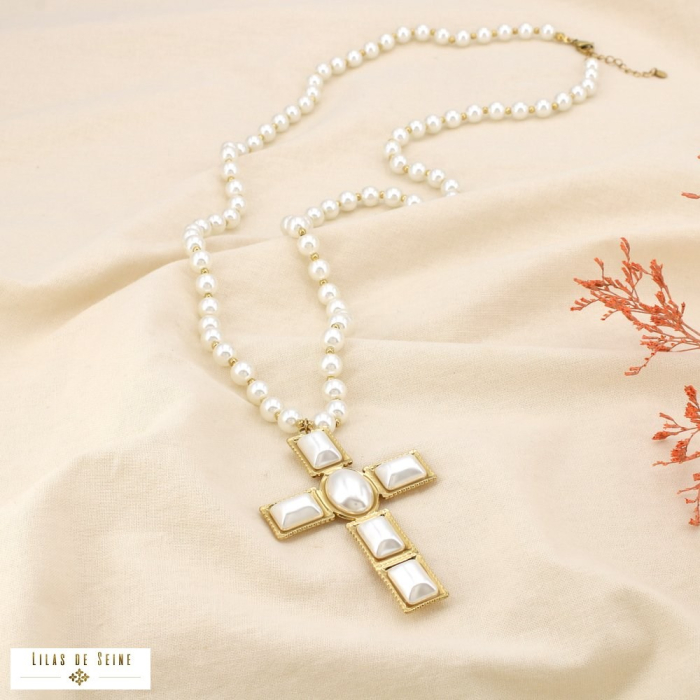 Collier sautoir croix acier perle acrylique 0125511 blanc